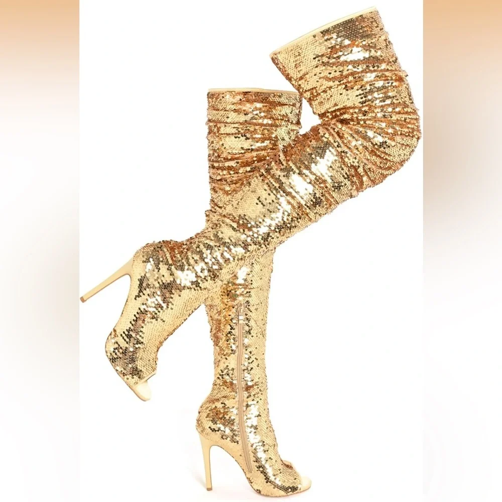 CAMSSOO 🌟 Gold Sequins Over-the-Knee Stiletto Peep-Toe Boots (Women's Size 8.5)